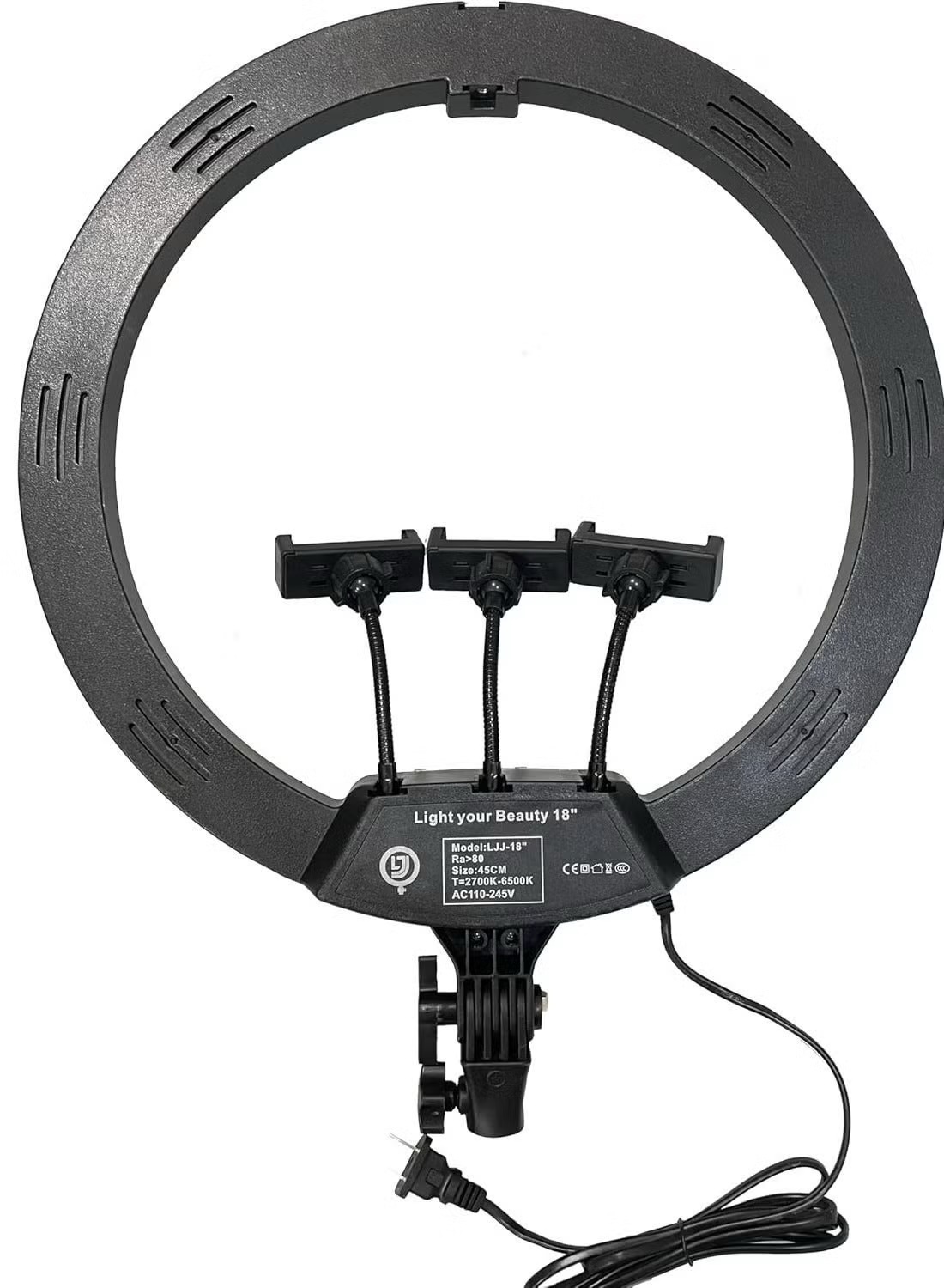18-Inch LJJ-45 LED Ring Light with Touch Control, 360° Rotation, 3 Phone Holders, Remote Control & Adjustable Stand, 2700K-6500K - Black - Image 4